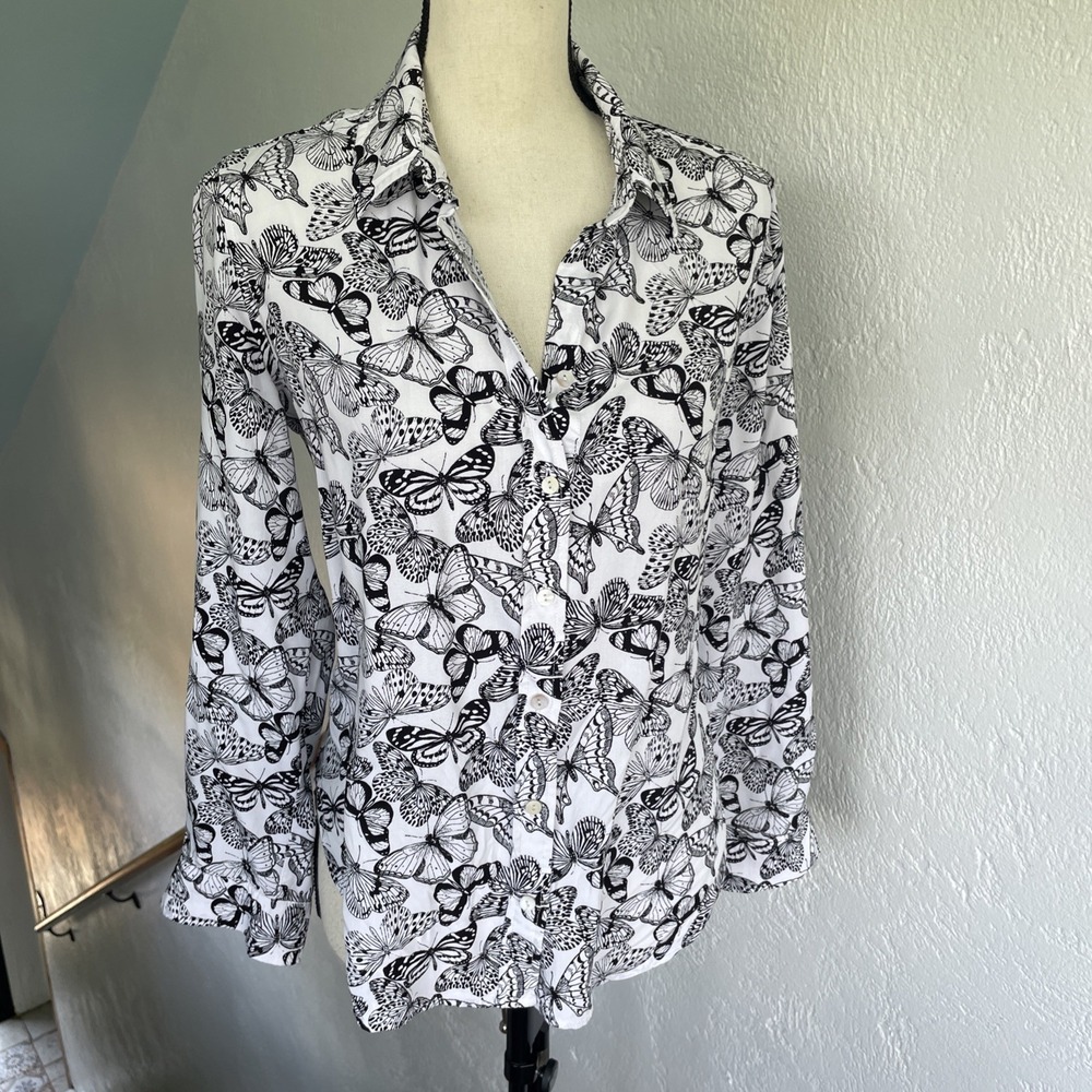 Jane Delancy  Butterfly Button Down Blouse Shirt White Black Botanical Medium